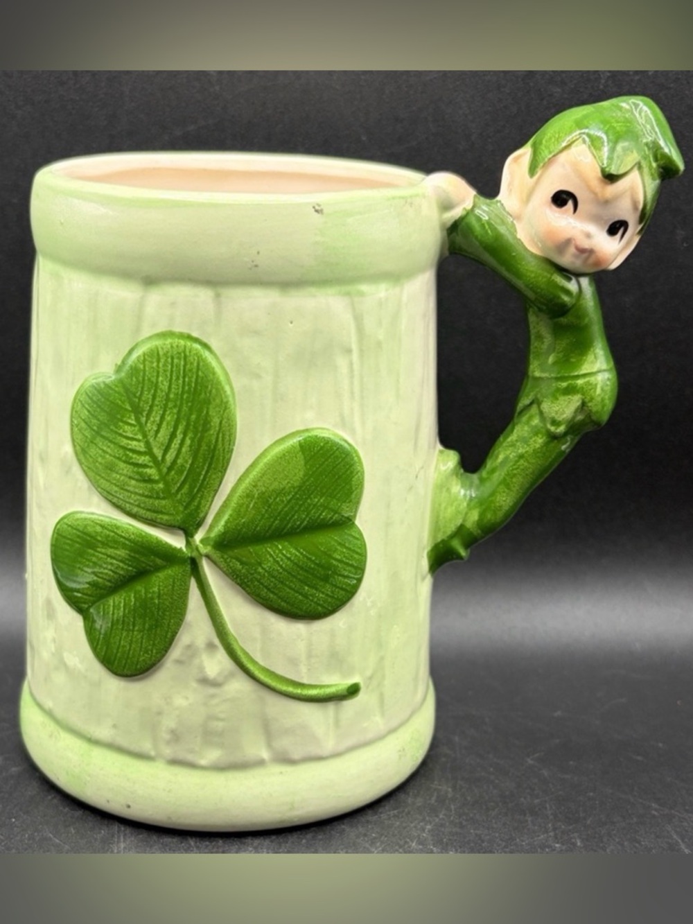 Vintage Hand Painted Elf Pixie Leprechaun Shamrock Clover Coffee Ceramic Mug